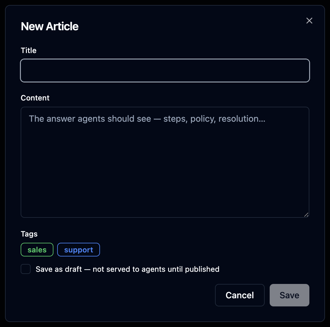New Article dialog with title, content and tag selector