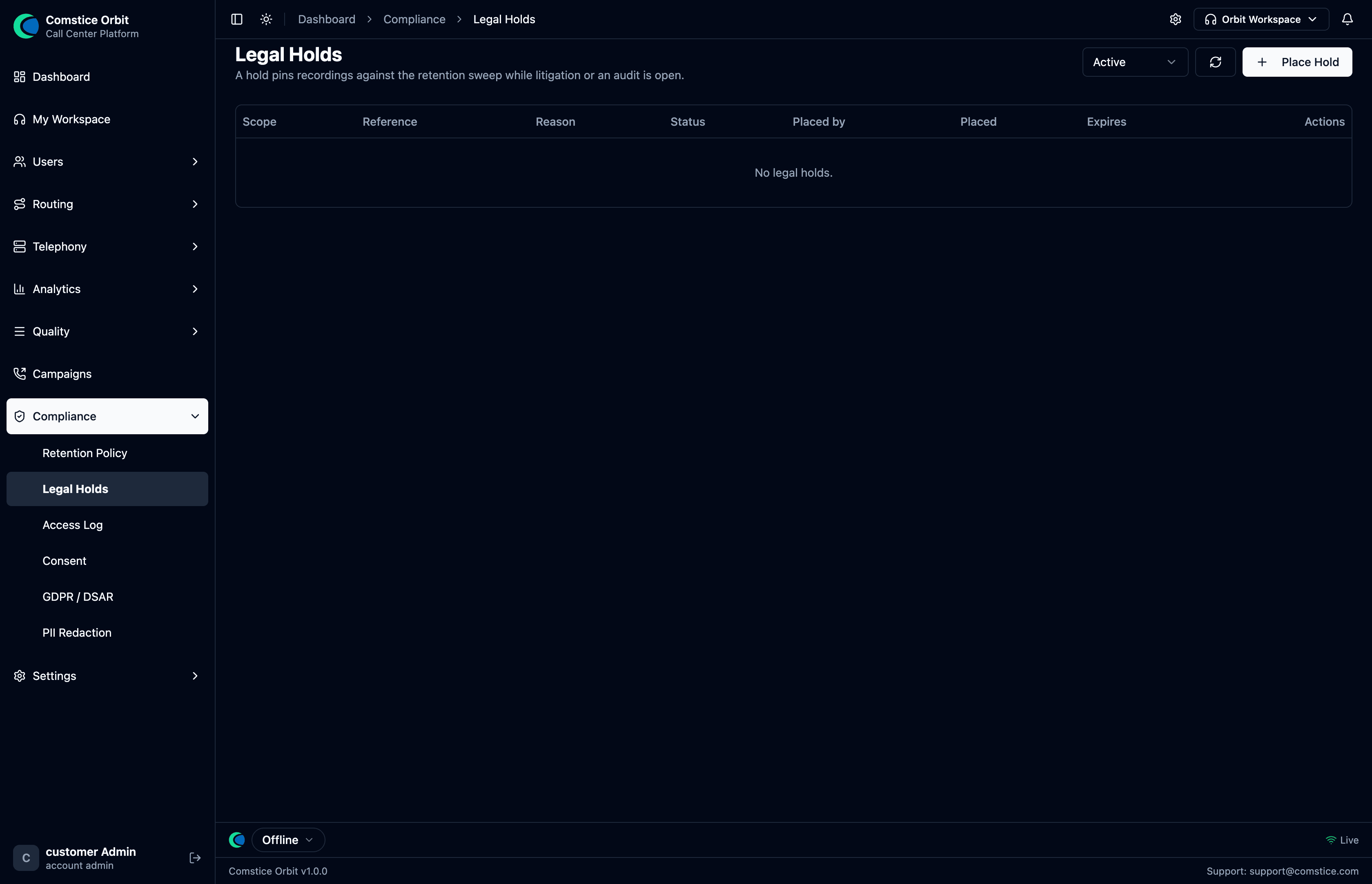 The Legal Holds screen listing active holds with scope and status