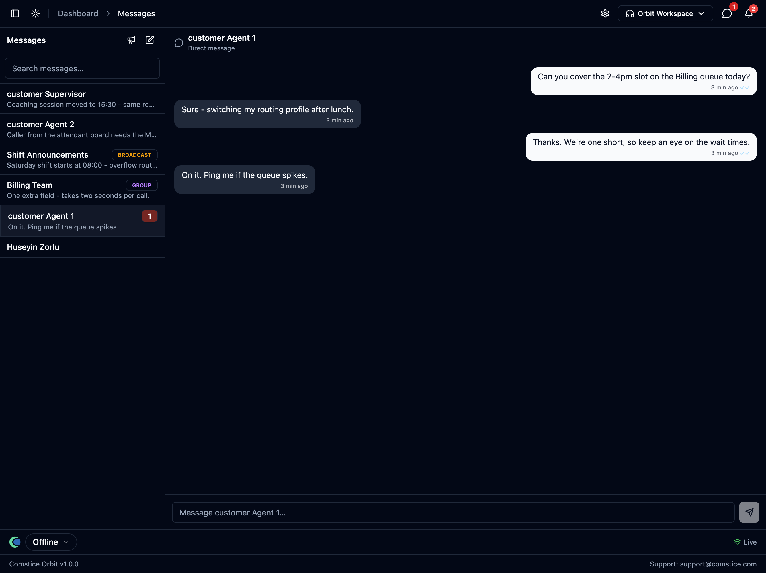 The Messages page with the thread list, an open direct message and the composer