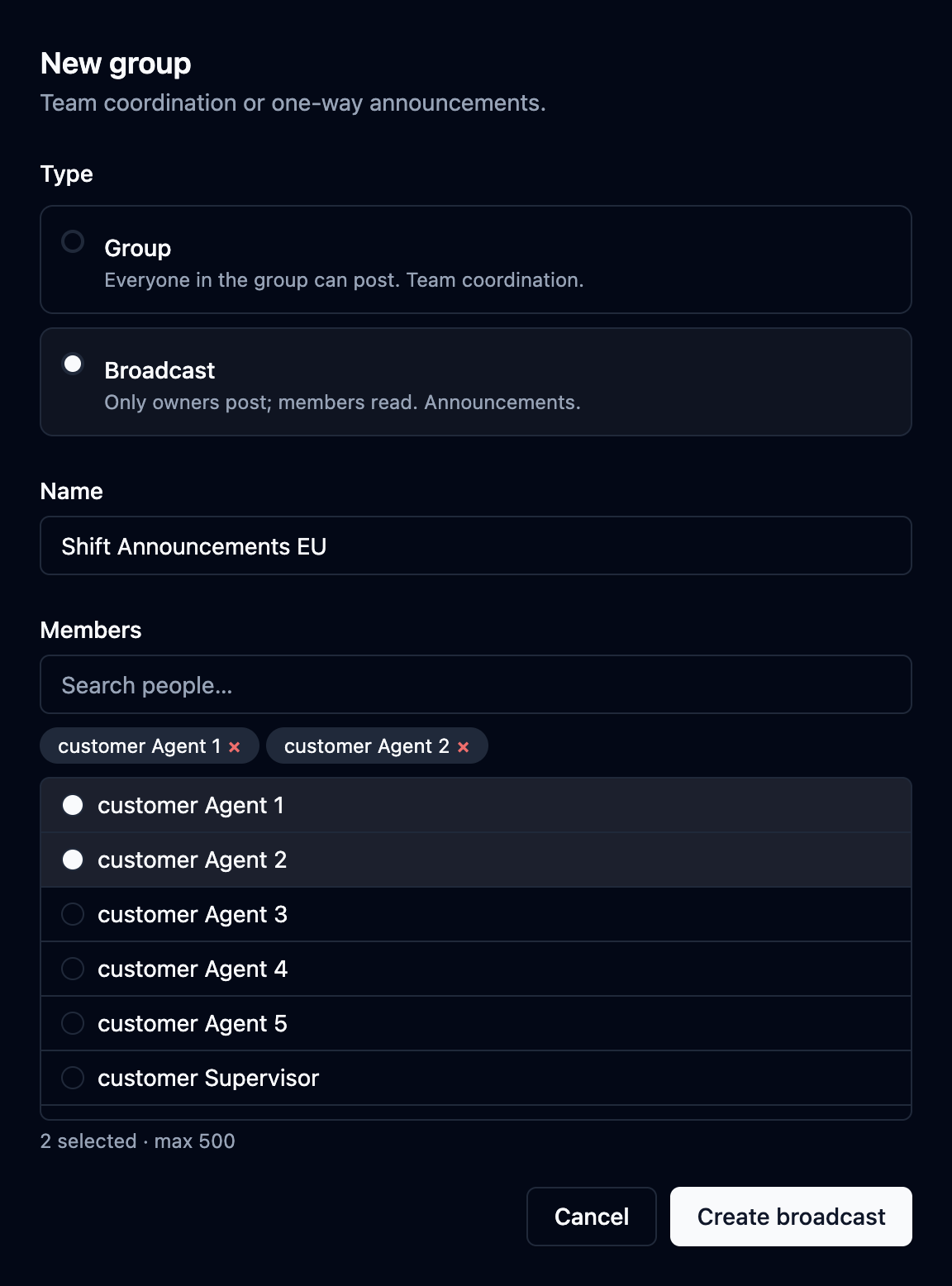 The new group form with the Group/Broadcast choice, a name and selected members