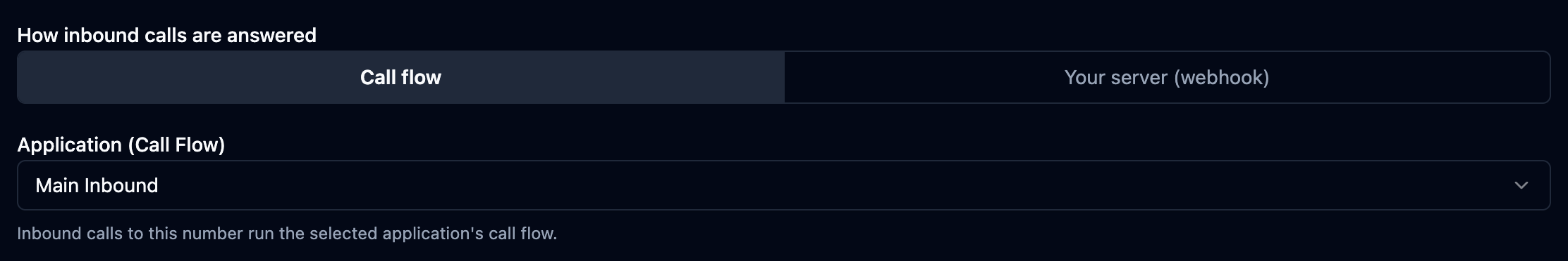 The number's answering mode set to Call flow, with the application field below it