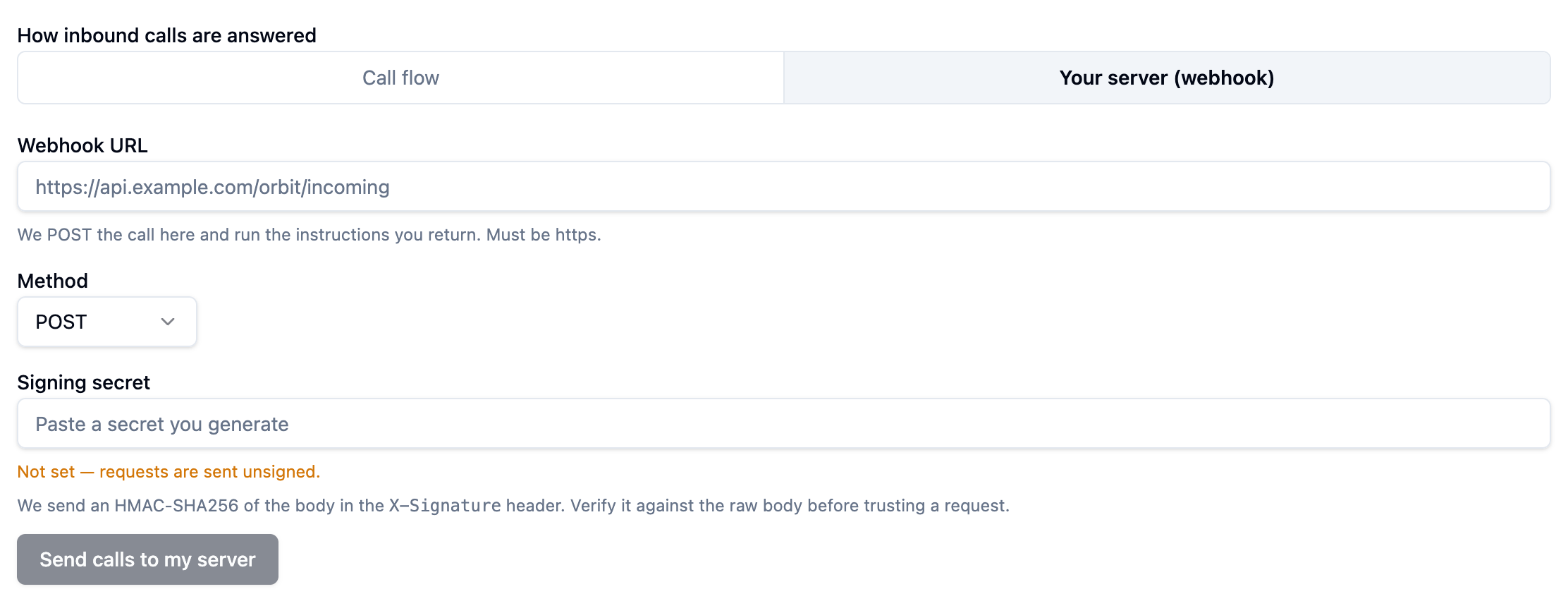 Webhook mode with the Webhook URL, Method and Signing secret fields