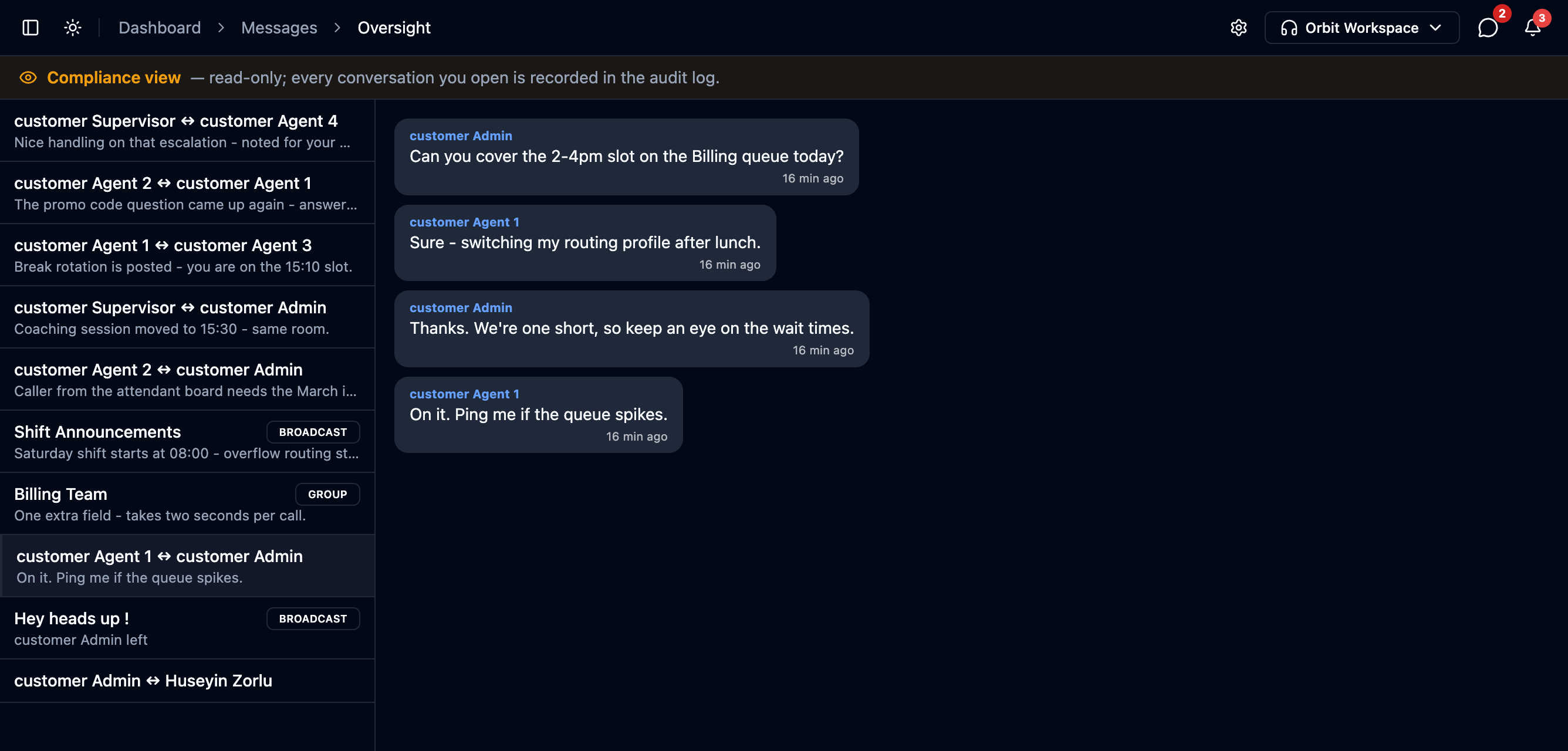 The oversight compliance view with the amber read-only banner and an agent conversation open