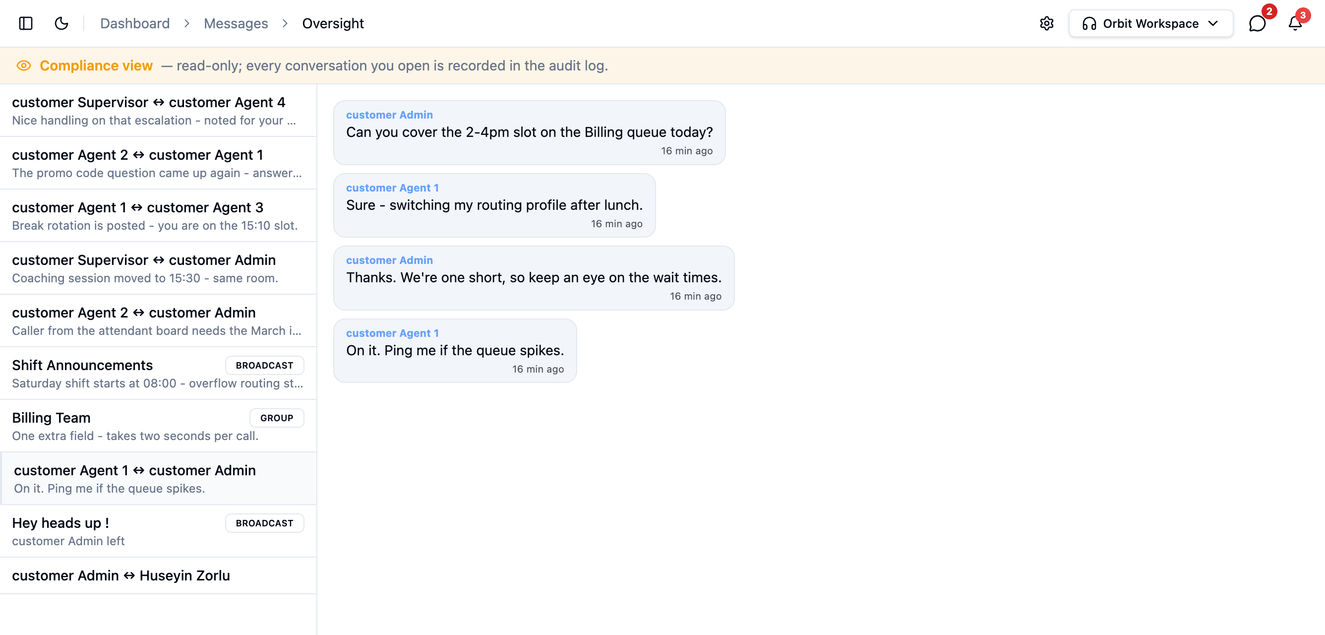 The oversight compliance view with the amber read-only banner and an agent conversation open