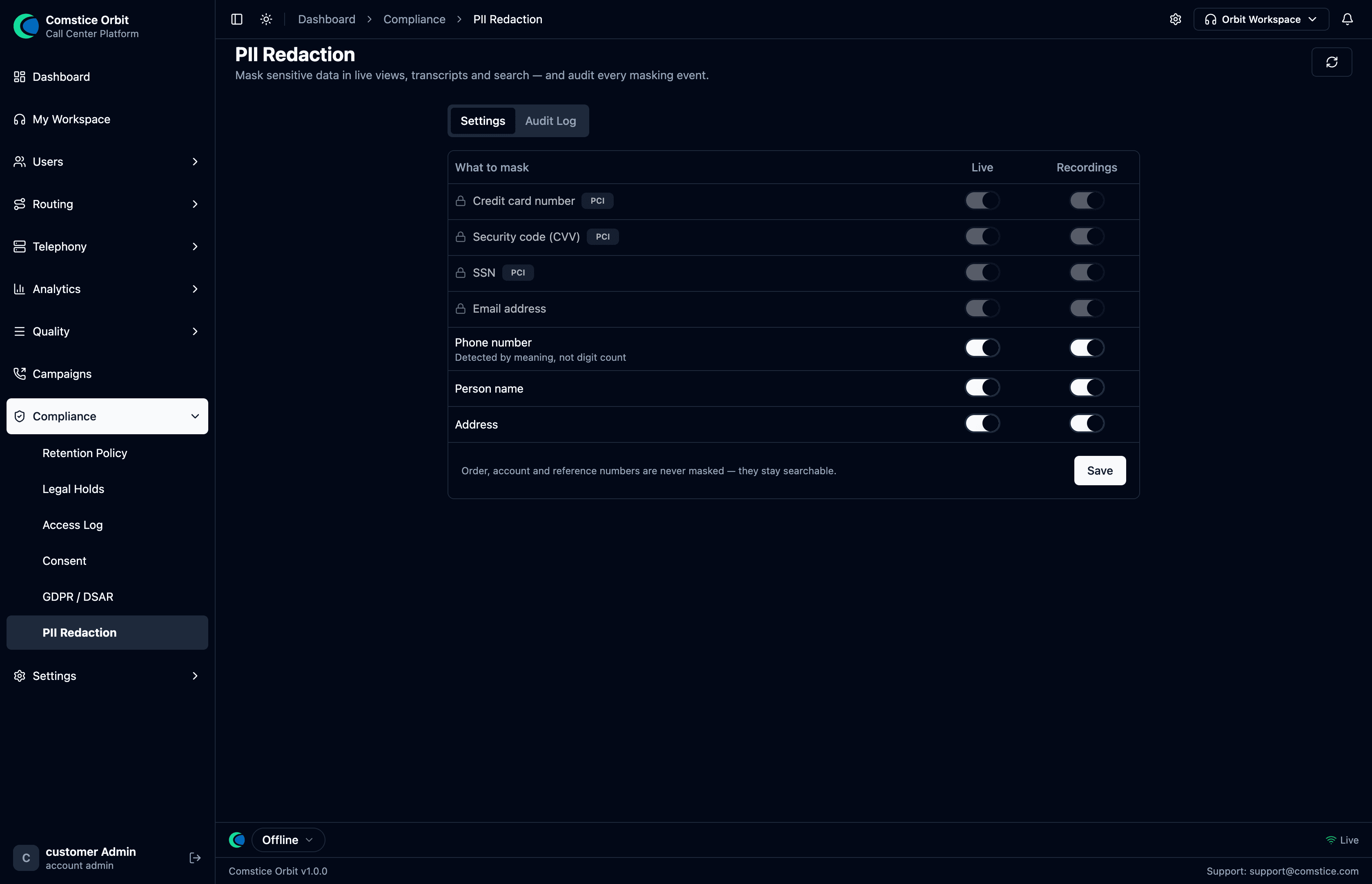 The PII Redaction matrix: categories vs Live / Recordings toggles