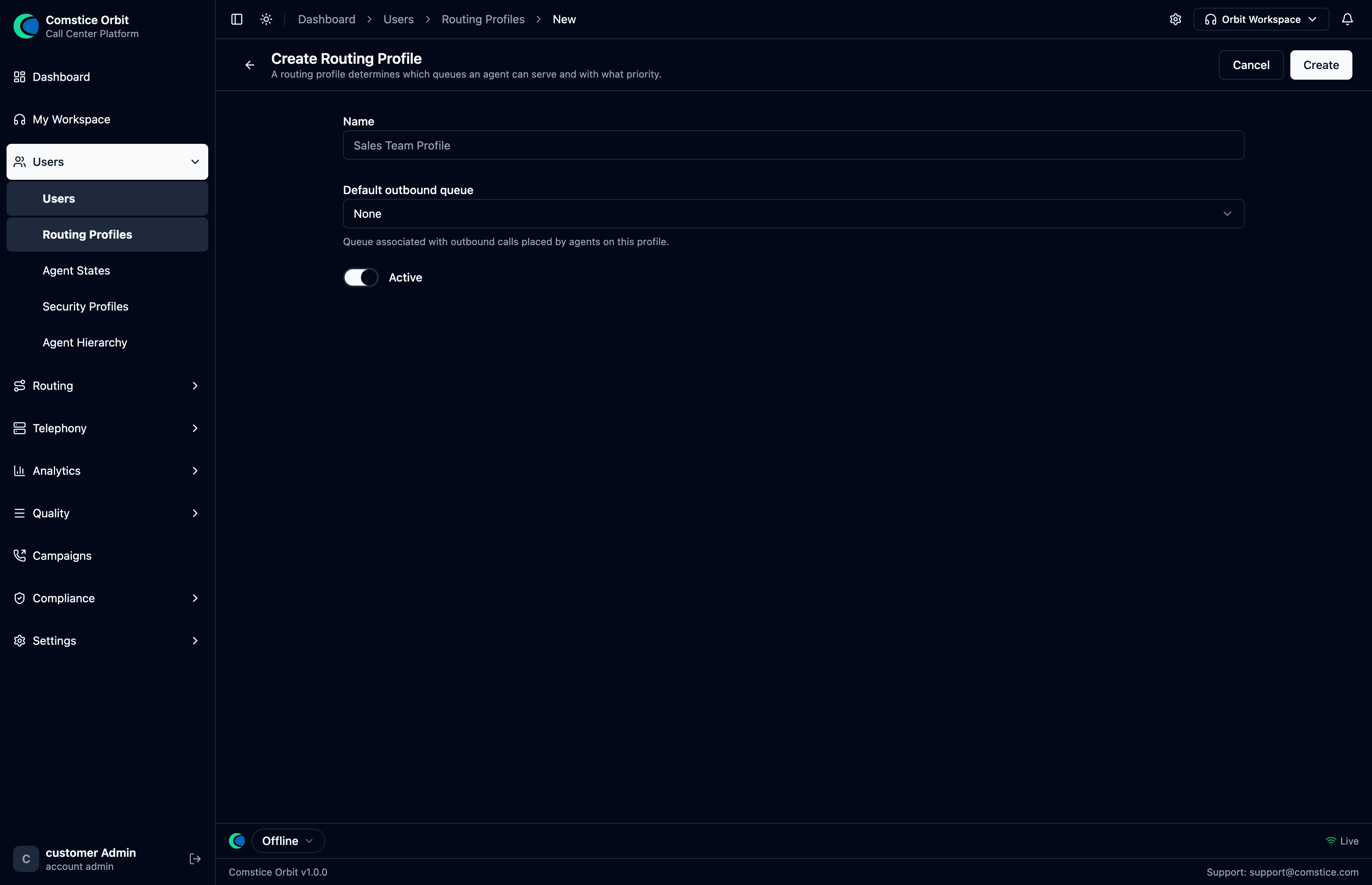 The Create Routing Profile page